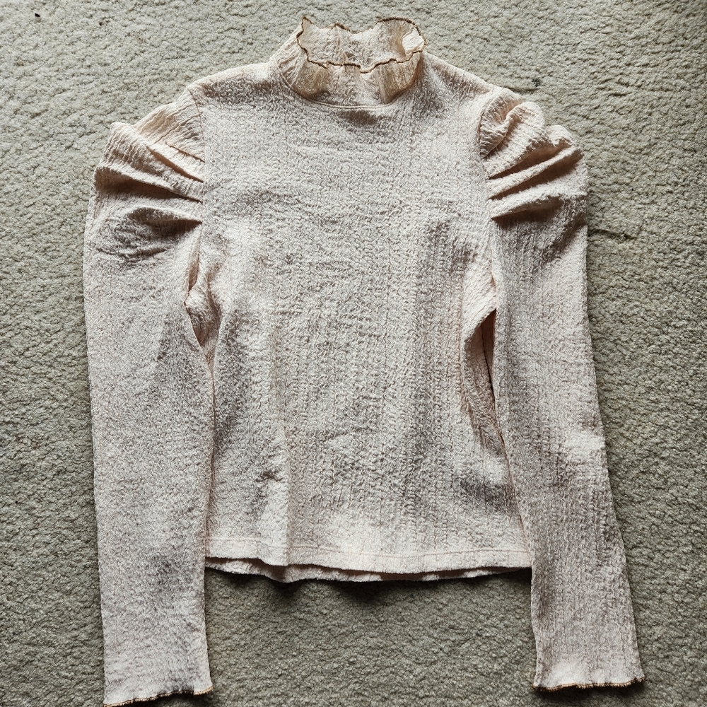 FREE PEOPLE Ela Mock Neck Puff Sleeve Cream Blouse Medium - Picture 2 of 6